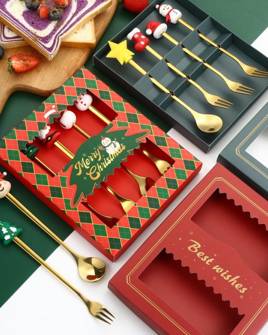 Hot Sale Stainless Steel Christmas Tableware Sets Coffee Stirring Spoon Fruit Fork In Gift Box Dinnerware Sets Hot Sale Stainless Steel Christmas Tableware Sets Coffee Stirring Spoon Fruit Fork In Gift Box Dinnerware Sets