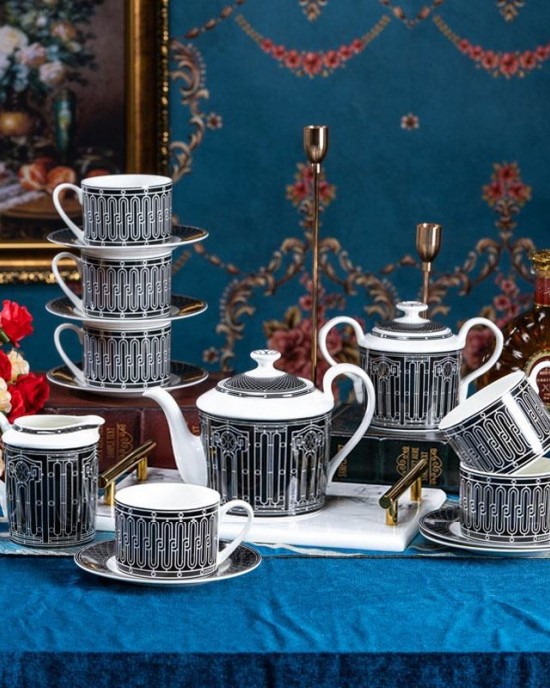 New Designs Luxury Black Stripes Deco Ceramic Coffee Tea Cup Set Fine Bone China Coffee Set New Designs Luxury Black Stripes Deco Ceramic Coffee Tea Cup Set Fine Bone China Coffee Set
