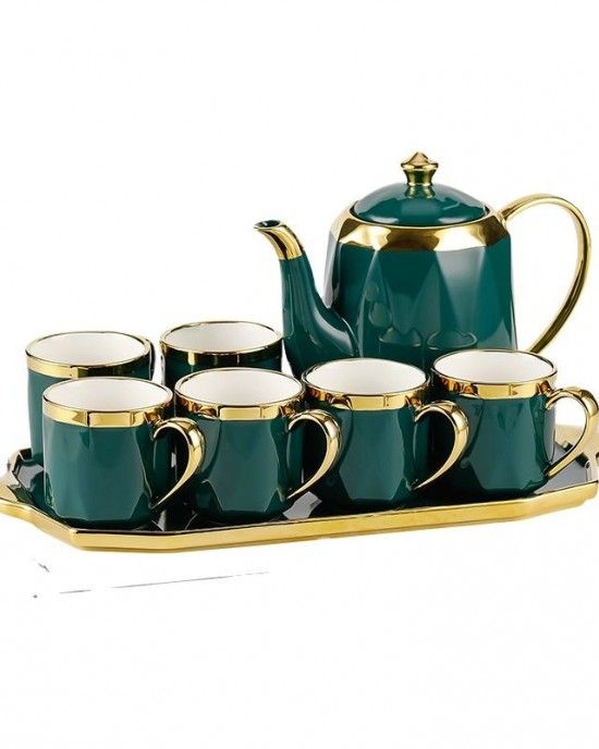 Royal Green Porcelain Coffee Tea Pot Six Cups Set European Luxury Ceramic Tea Sets Customized Logo Country Business Gifts Royal Green Porcelain Coffee Tea Pot Six Cups Set European Luxury Ceramic Tea Sets Customized Logo Country Business Gifts