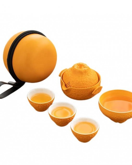 Portable Ugly Orange Outdoor Travel Ceramic Tea Set Quick Cup One Pot Four Cups Teapot Business Gift