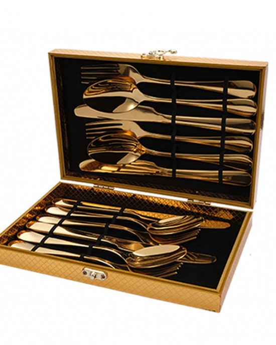 Stainless Steel Cutlery Metal Knife Fork and Spoon 12/16/24 PCs Gold Flatware Set with Case Stainless Steel Cutlery Metal Knife Fork and Spoon 12/16/24 PCs Gold Flatware Set with Case