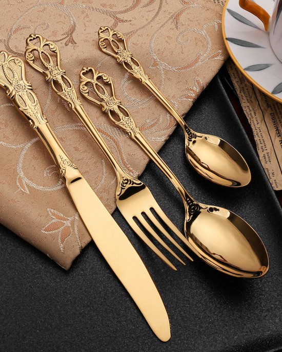 Wholesale Luxury Antique Handle Stainless Steel Vintage Silverware Flatware Banquet Cutlery Set in Silver and Gold for Wedding Wholesale Luxury Antique Handle Stainless Steel Vintage Silverware Flatware Banquet Cutlery Set in Silver and Gold for Wedding