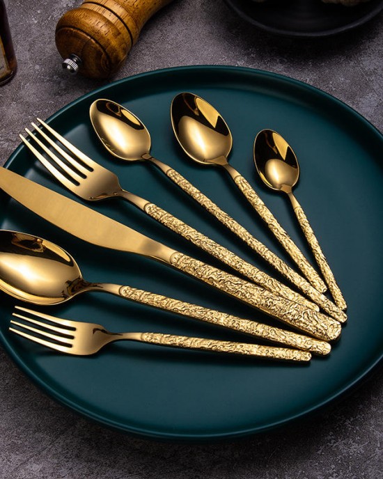 New Reusable Stone Pattern Handle Stainless Steel Flatware Knife Fork Spoon Gold Silverware Restaurant Cutlery Set New Reusable Stone Pattern Handle Stainless Steel Flatware Knife Fork Spoon Gold Silverware Restaurant Cutlery Set